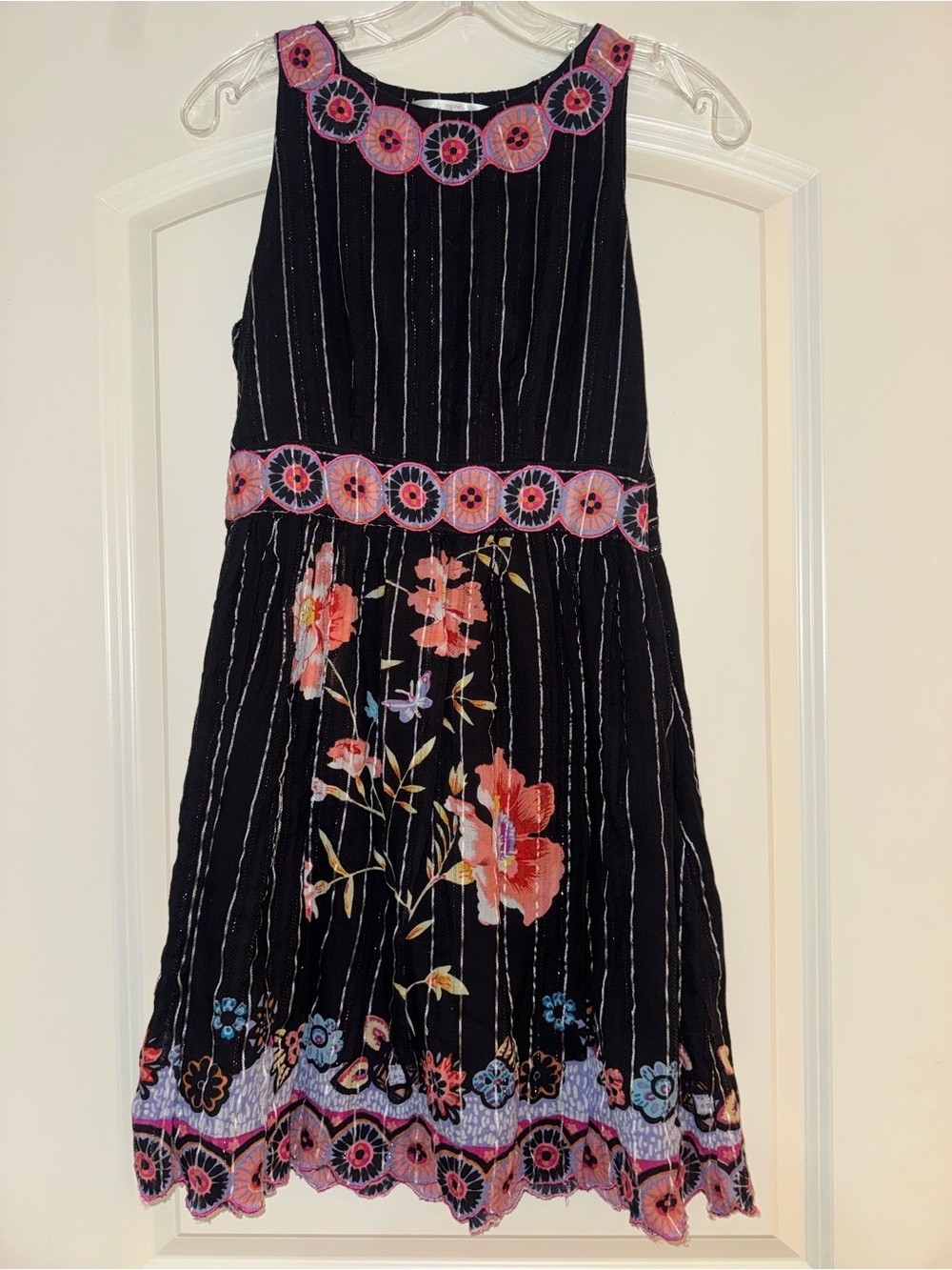 Black Floral Embroidered Striped Dress